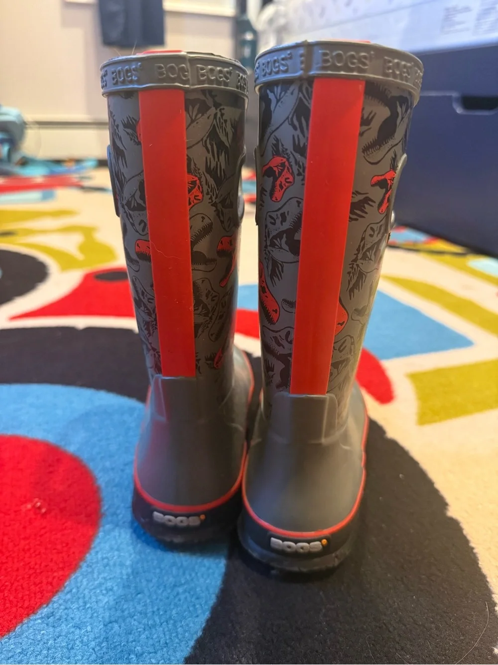 Bogs Kids Gray Rain Boots with Red Dino Accents